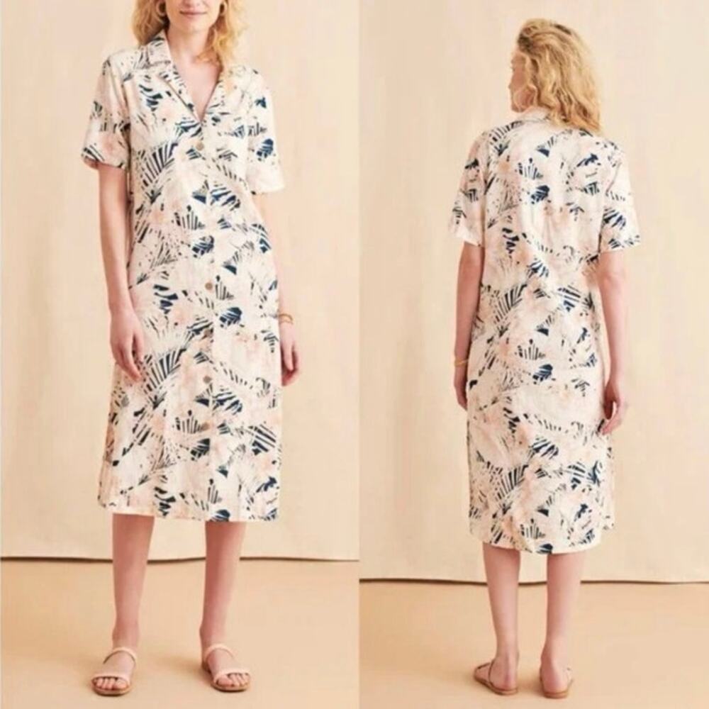 Faherty Pink White Linen Blend Pool Button Up Shirt Floral Midi Dress Size Small